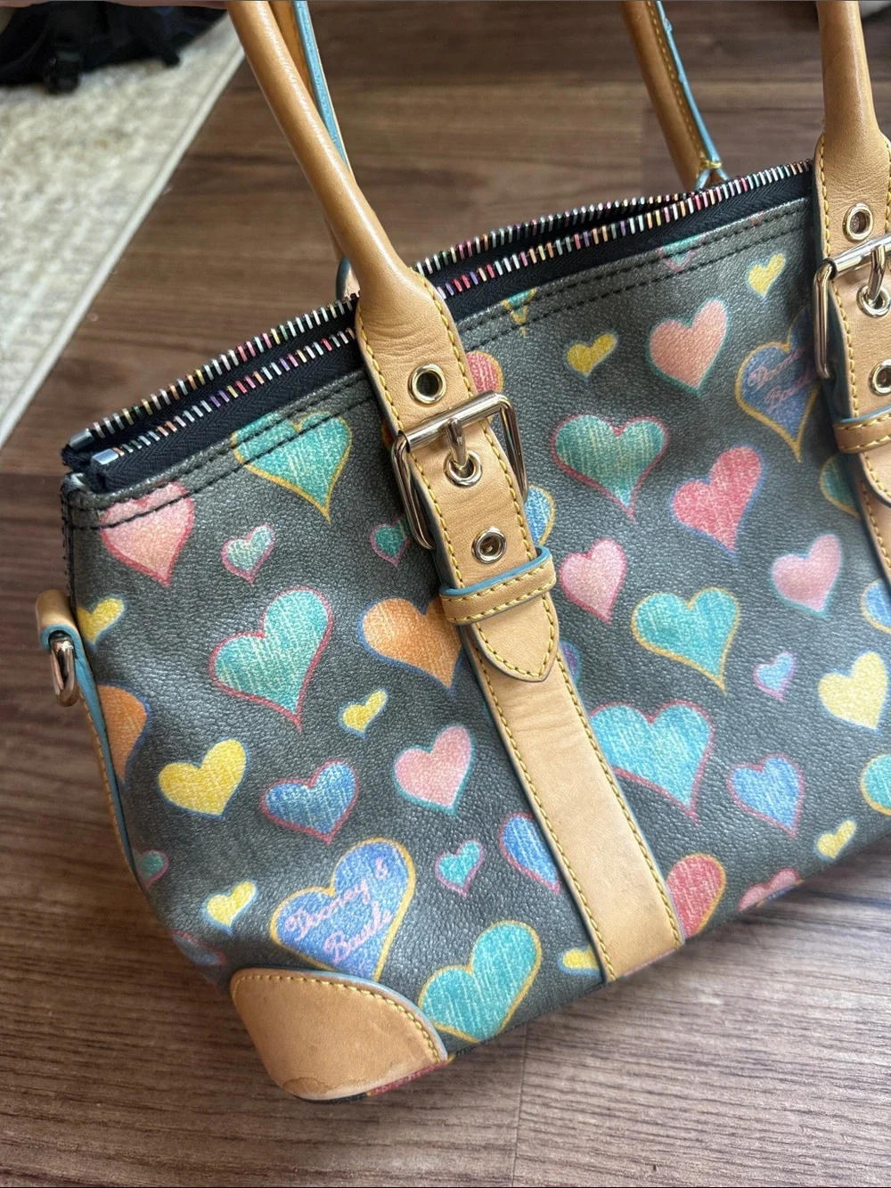 Vintage Dooney & Bourke Crayon Hearts Satchel Y2K Multicolor Heart Handbag